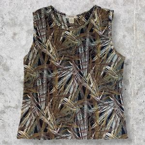 Plisse Vintage Black Brown Abstract Leaf Tank Top 100% Polyester Ribbed sz M